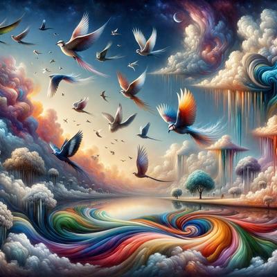 The primary subject of the image is a colorful painting featuring a variety of birds flying in the sky. The birds are scattered throughout the scene, with some flying closer to the viewer and others further away. The setting is a cloudy sky, which adds to the overall atmosphere of the painting. The visual style is a combination of digital art and illustration, creating a vibrant and lively scene. The dominant colors in the painting are a mix of reds, blues, and greens, giving the image a warm and inviting mood.